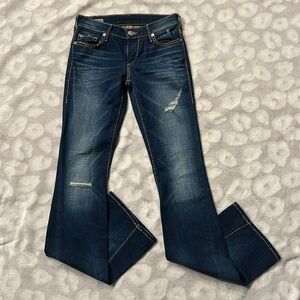 True Religion Mid Rise Becca Bootcut Twist Jeans Dark Wash sz 25 Distressed